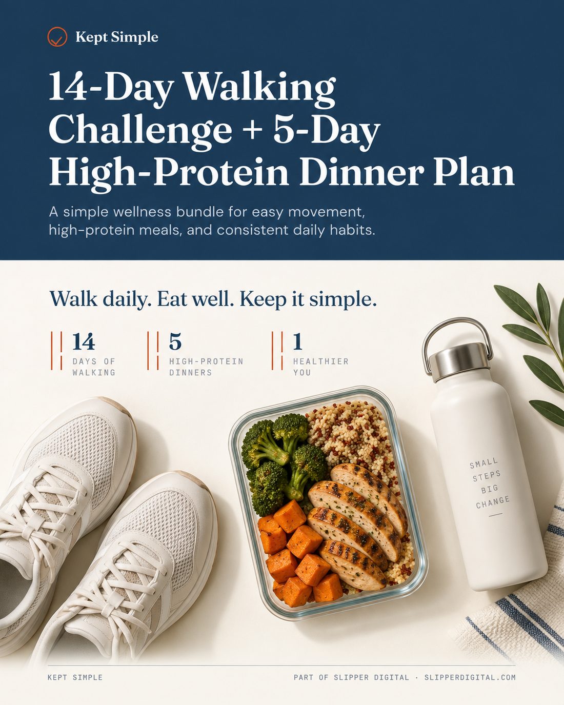 Kept Simple bundle: 14-Day Walking Challenge and 5-Day High-Protein Dinner Plan