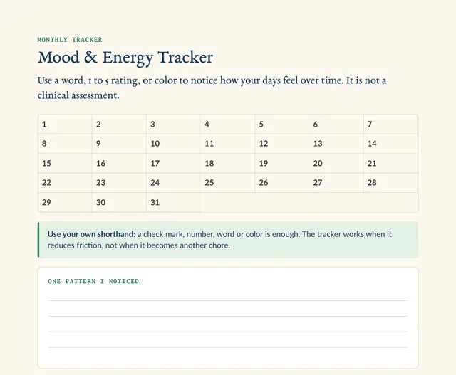 Monthly mood and energy tracker calendar grid