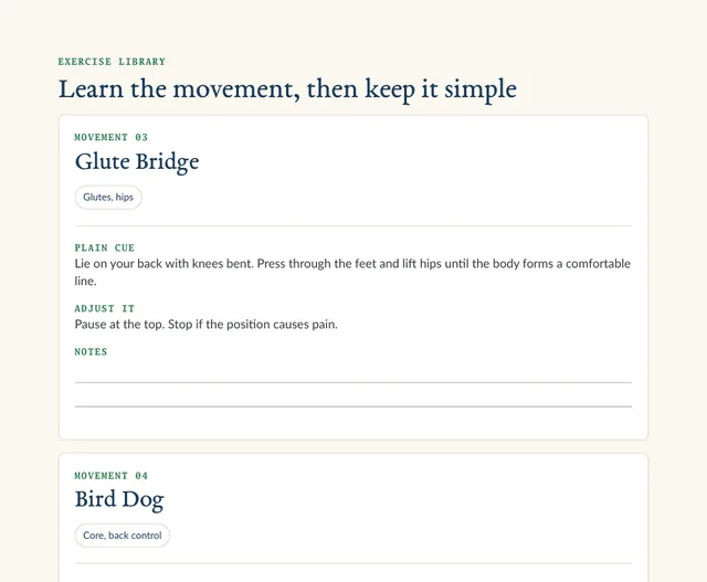 Glute Bridge and Bird Dog movement cards