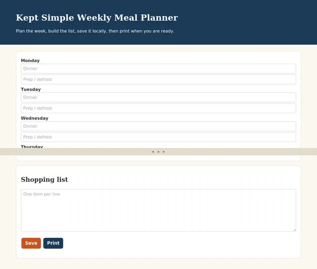 Interactive weekly meal planner tool